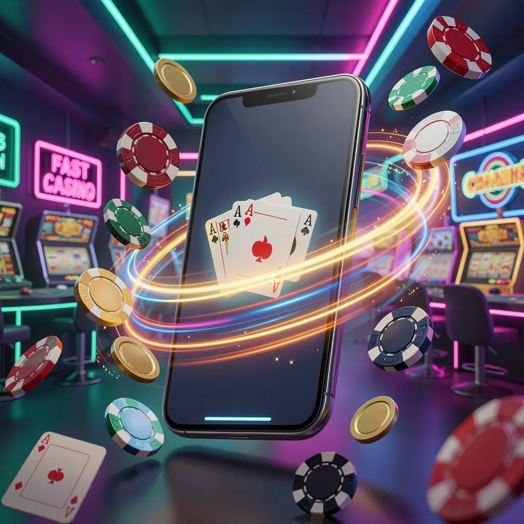 Smartphone displaying the TKUU casino app with fast access, surrounded by flying coins and chips against a modern neon casino background with dynamic speed light trails in a 3D render