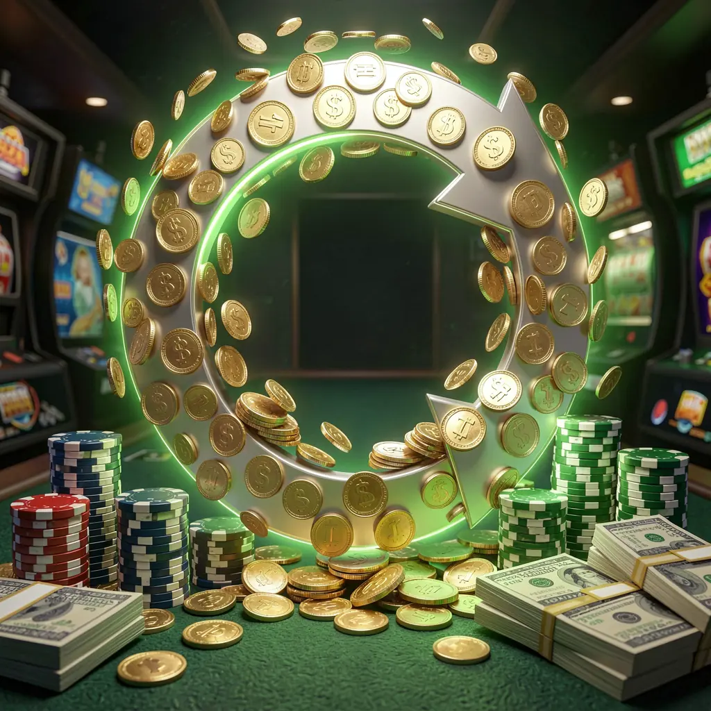 Realistic 3D render of a cashback casino bonus scene featuring coins moving in a circular arrow, stacks of chips, and cash bundles with green and gold glow, showcasing the TKUU brand