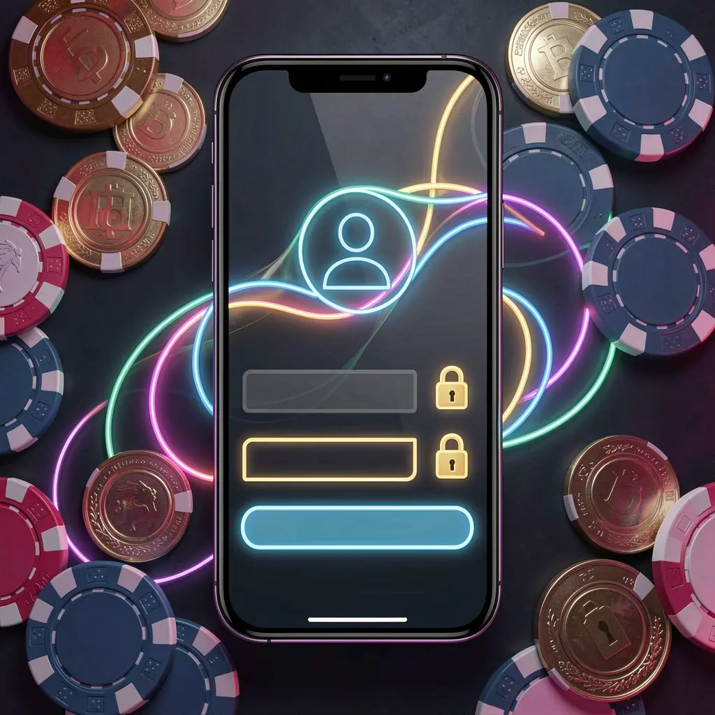 TKUU mobile gaming login page concept showing a smartphone with an abstract login interface featuring user and lock icons, surrounded by casino chips and coins under luxury neon lighting