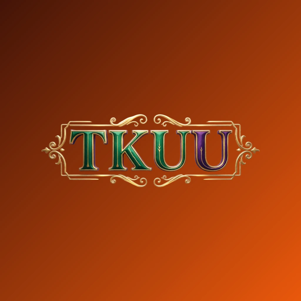 Luxury colorful TKUU logo featuring bold serif typography in rich emerald, violet, and gold with elegant glowing ornaments, designed as a premium horizontal rectangular wordmark for a website header