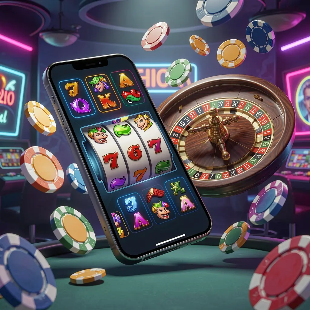 TKUU casino entertainment homepage concept featuring a modern mobile phone surrounded by slot symbols, a roulette wheel, chips, and coins floating against a neon casino background in a premium 3D render
